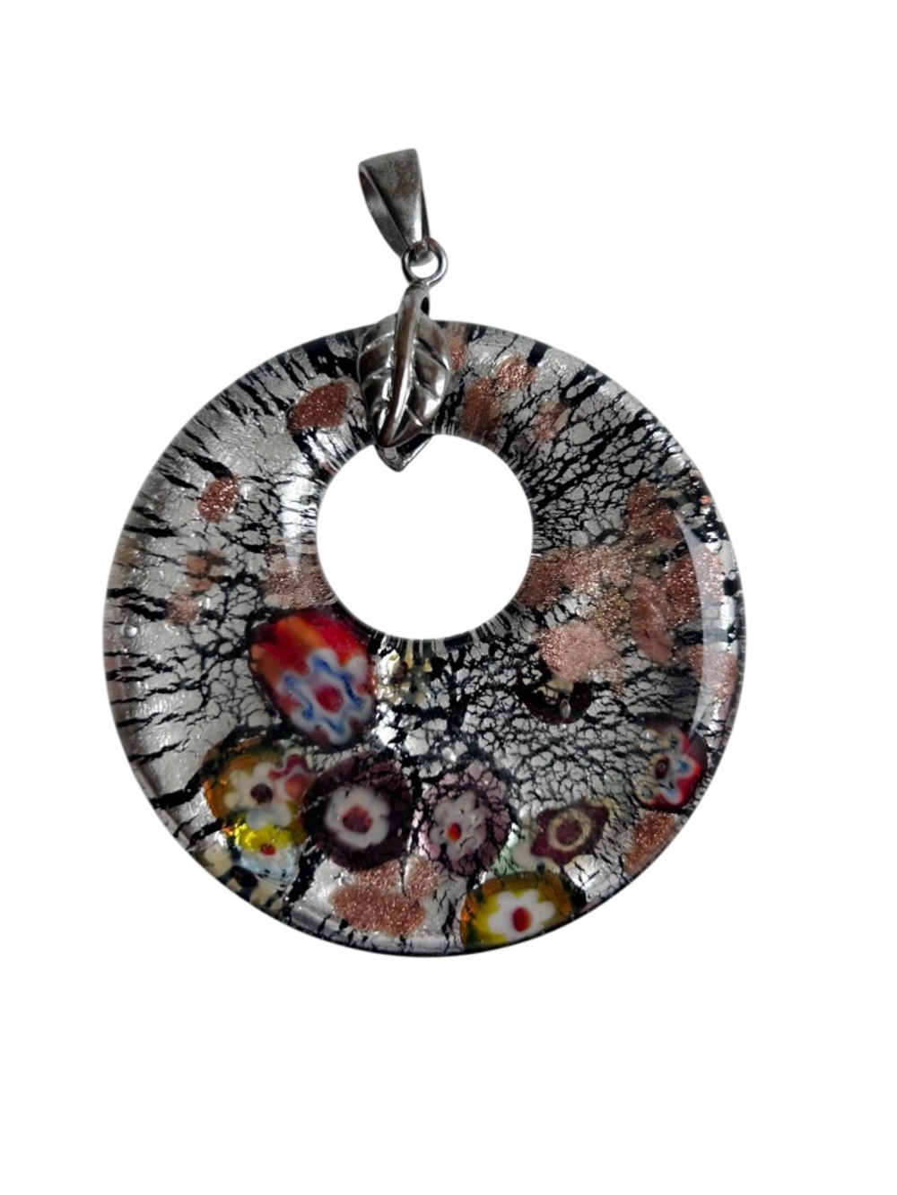 Large 2" Art Glass Millefiori Pendant with Silver-tone Bale